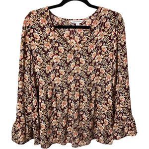 Counterparts Women’s Large Brown Floral Peplum Long Sleeve Blouse